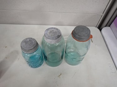 3 Blue Glass Canning Jars including Ball Jars