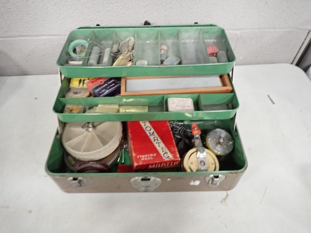 Vintage Fishing Tackle Box full of Vintage Tackle: Vintage Fishing Tackle Box full of Vintage Tackle All pictures are considered part of the description and should be examined carefully by bidders. Live Auctioneers is now offering Live Shipping throug