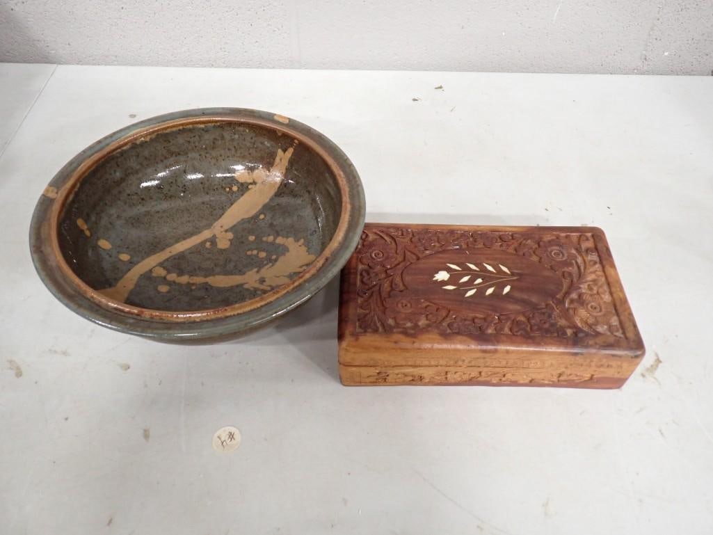 Signed Clay Fired Bowl and a Wooden Inlay Jewelry or Trinket Box: Signed Clay Fired Bowl and a Wooden Inlay Jewelry or Trinket Box All pictures are considered part of the description and should be examined carefully by bidders. Live Auctioneers is now offering Live