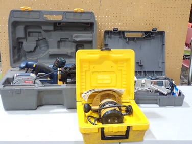 Lot of Power Tools in cases including Powr Kraft 1 HP Router, Bosch Fine Cut FS2000, Ryobi