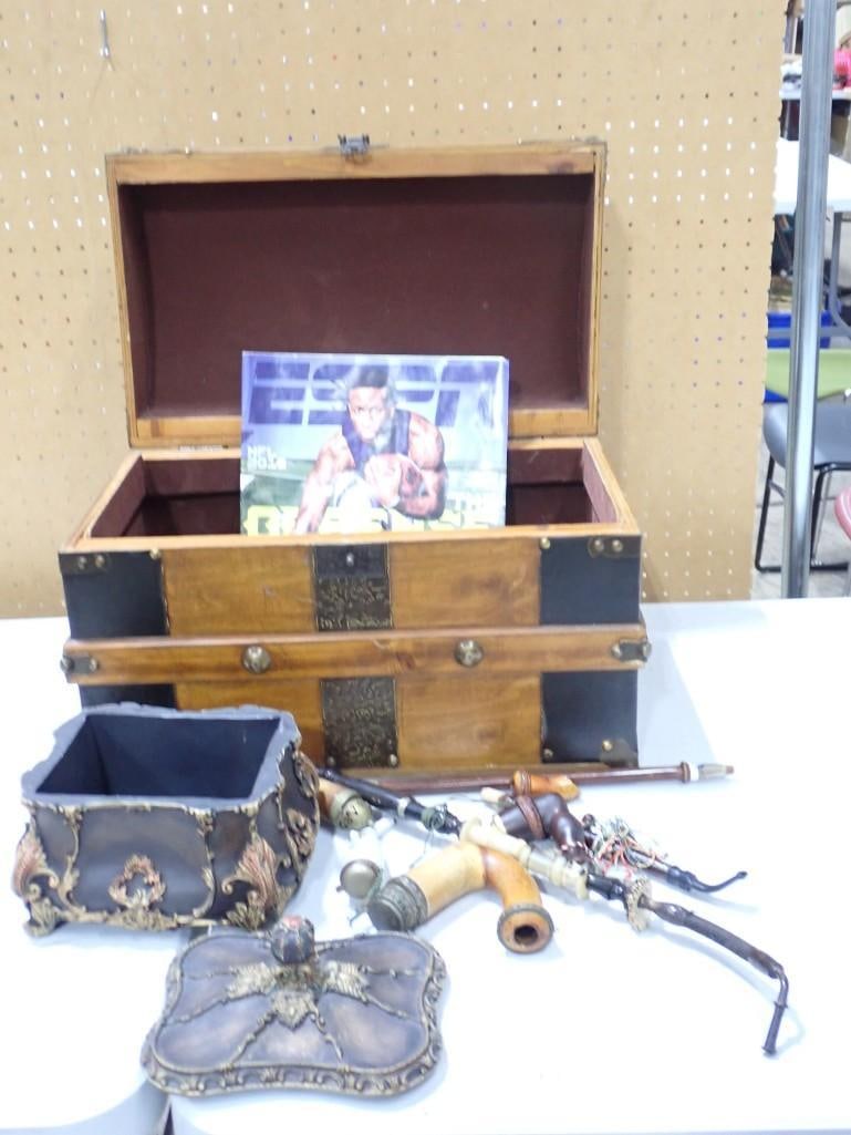 Misc Lot including wooden Chest, Hookah parts, Cigar Box, ESPN Magazine (1 of 7)