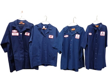 4 Service Station / Gas Station Style Work Shirts including Farm & Fleet and Necco Stark Candies