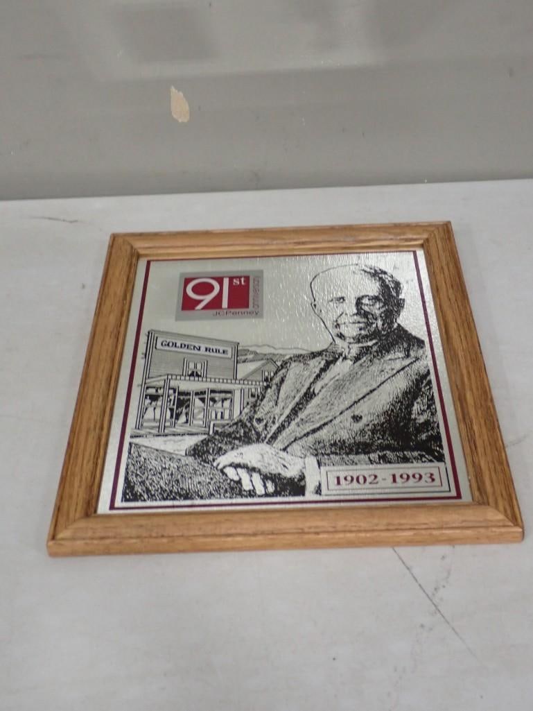 Framed JC Penney 91st Anniversary Bar Mirror: Framed JC Penney 91st Anniversary Bar Mirror - Measures roughly 11x13" All pictures are considered part of the description and should be examined carefully by bidders. Live Auctioneers is now offe