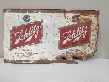 Old and Rusty Metal Schlitz Beer Sign - Measures roughly 26x15"