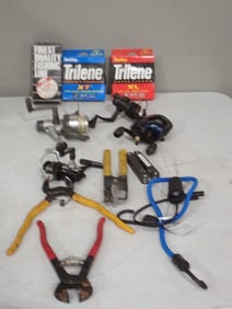 Fishing and Tool Lot including Open Reels, Fishing Line, Cutters, etc.