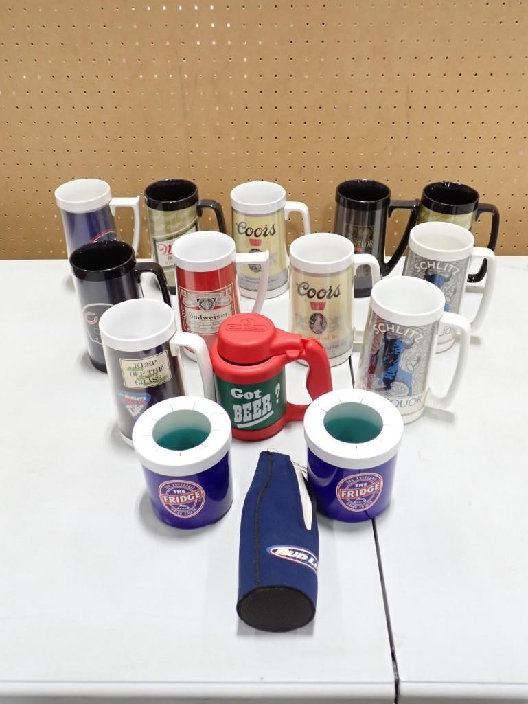 Vintage Insulated Advertising Beer Mugs including Schlitz, Coors, Miller, Chicago Bears, Budweiser,: Vintage Insulated Advertising Beer Mugs including Schlitz, Coors, Miller, Chicago Bears, Budweiser, etc. All pictures are considered part of the description and should be examined carefully by bidders