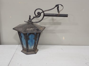 Antique or Vintage Outdoor Light Fixture with Blue Glass