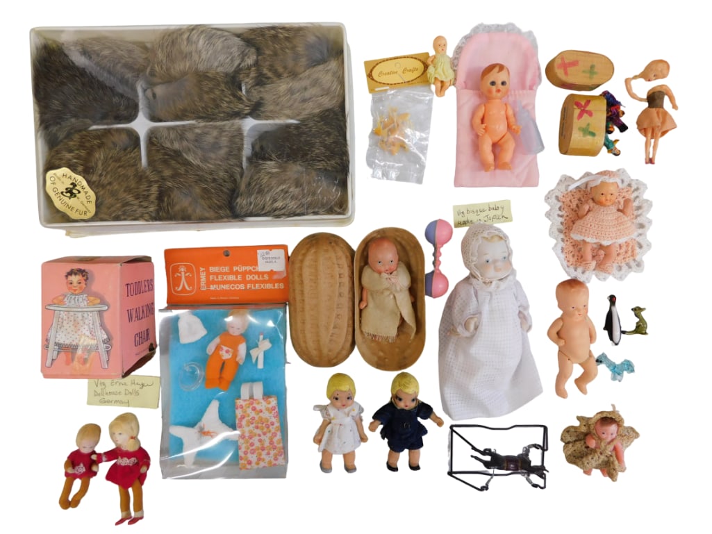 Vtg 1940-50s Dollhouse, Bisque, Compo, Rubber Mini Dolls, Babies, & Accessories Lot: Vintage1940-50s Dollhouse, Bisque, Compo, Rubber Mini Dolls, Babies, & Accessories Lot. Includes Renwal, bisque Japan baby, Made in Germany bisque babies, rubber dolls, compo baby in peanut,