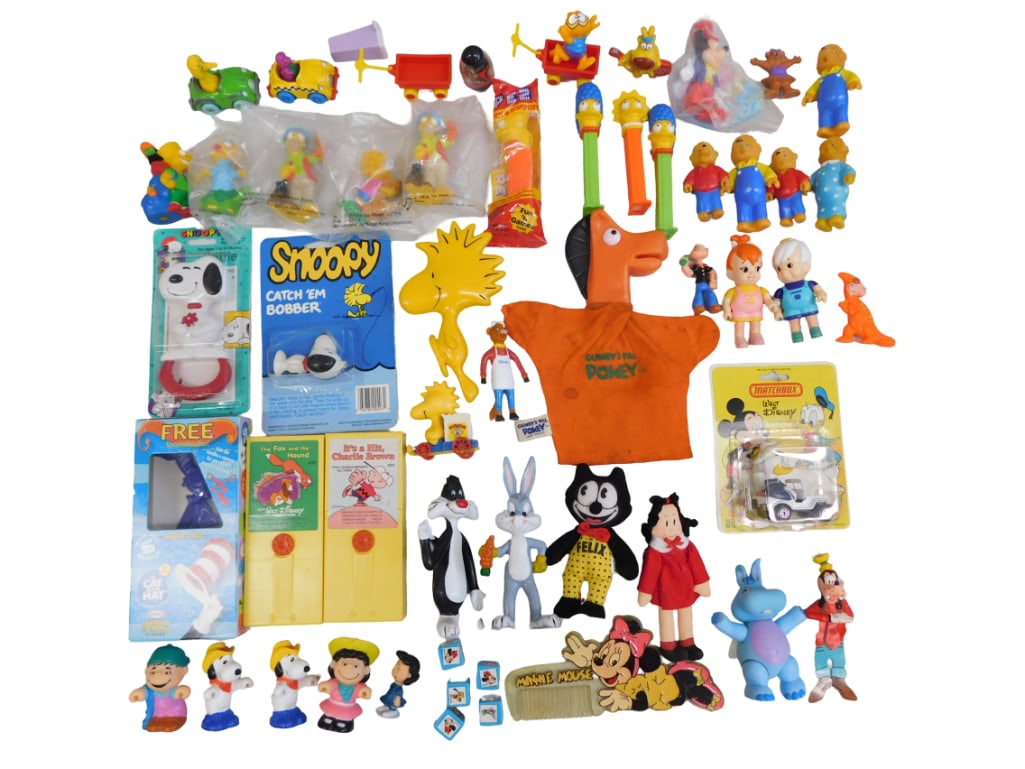 Vtg 1970-80s Peanuts, Mickey Mouse, Simpsons, Pokey, Flintstone Toys, Etc Lot (1 of 12)