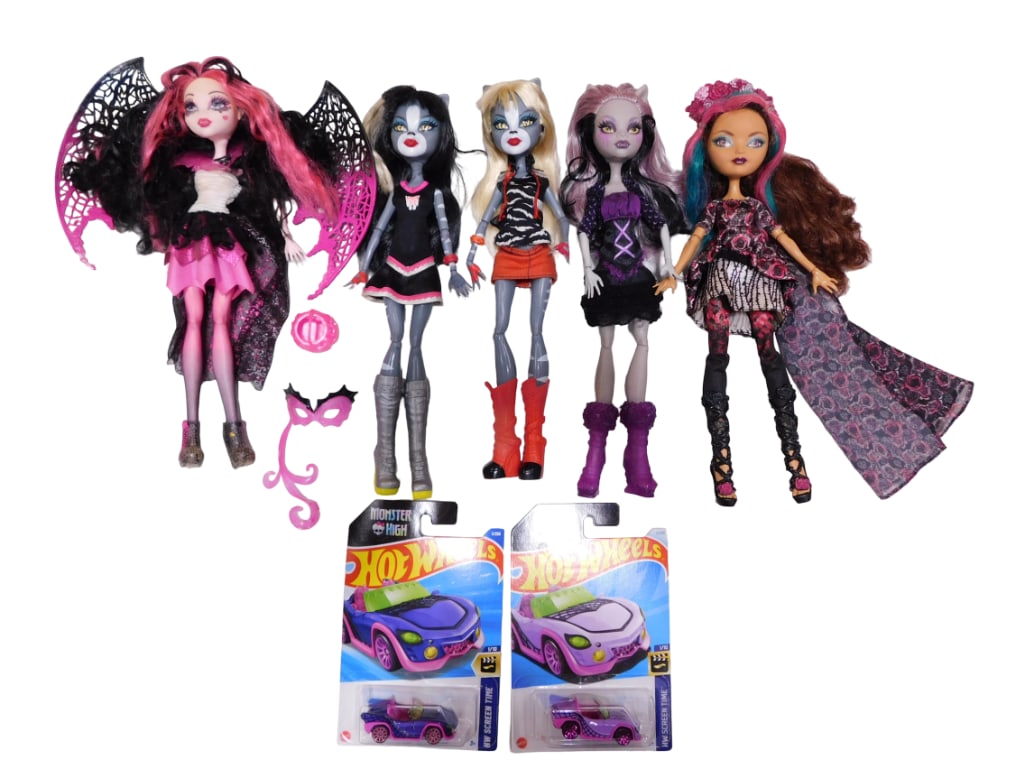 Monster High Draculaura, Clawdeen, Werecat Twins, Ever After High Dolls, Hot Wheels Lot (1 of 6)