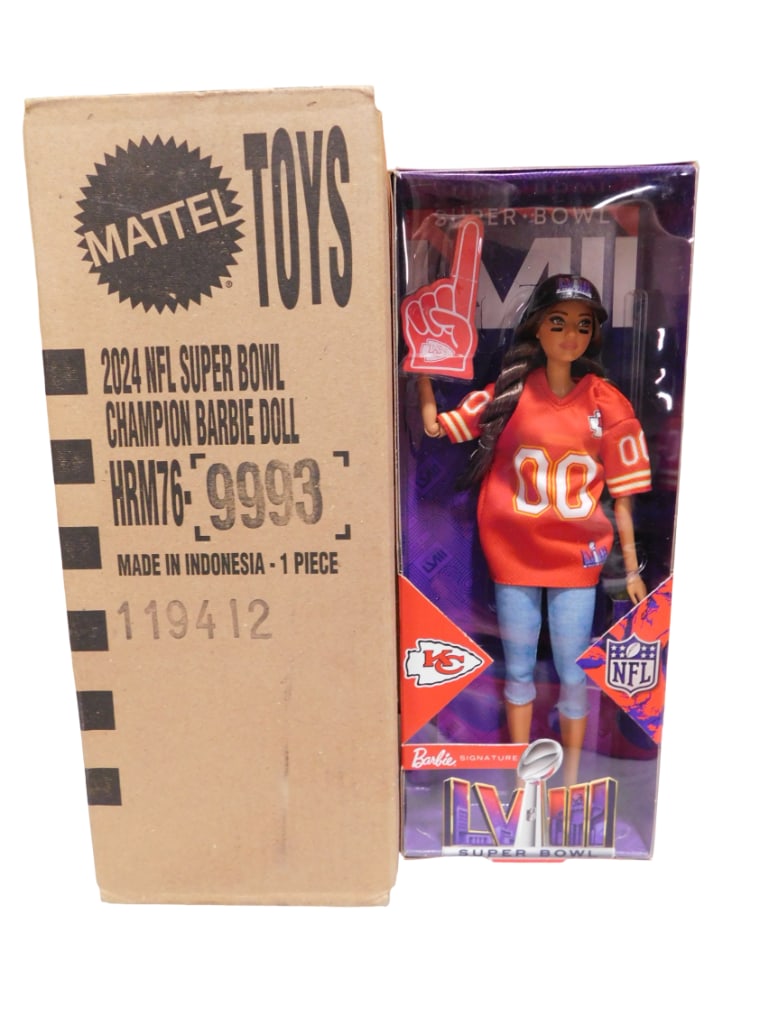 Barbie NFL Super Bowl champions Kansas City Chiefs Signature Doll 2024 NRFB w/ Shipper: Barbie NFL Super Bowl Champions KC Chiefs Signature Doll 2024. New, never removed from box with shipper. Limited edition from Mattel Creations Exclusive Designs. Currently sold out e