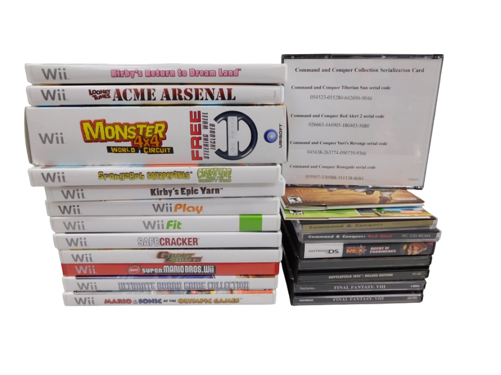 Video Game Lot incl 12 Wii, Ps1, D.S., PC Games: Video Game Lot incl 12 Wii, Ps1, D.S., PC Games. Includes Kirby's Return to Dream Land, Looney Tunes Acme Arsenal, Monster 4x4 World Circuit, Spongebob Squarepants Creature from the Krusty K