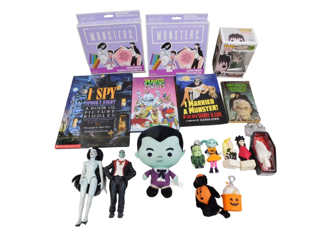 The Munsters Figures, Books, Monster Figures, Toys, Etc Lot: The Munsters Figures, Books, Monster Figures, Toys, Etc Lot. Includes Diamond Select Grandpa figure, book, nude, Lily doll, Eddie Munster plush, Funko Pop Beetlejuice Lydia, BK Beetlejuice figur