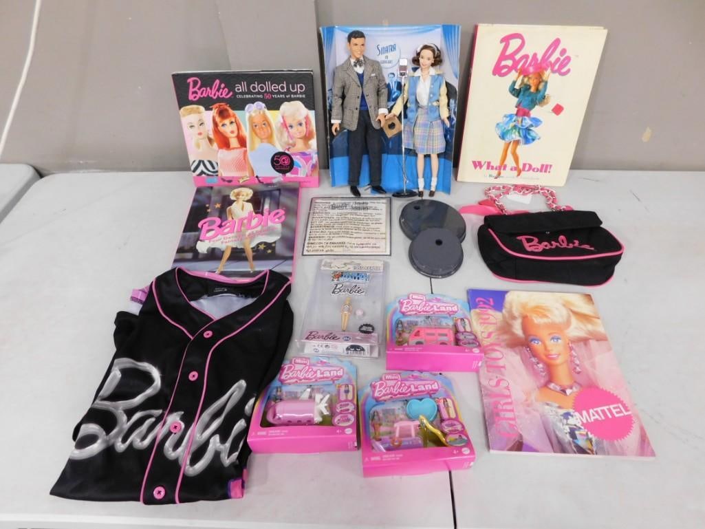 Barbie Purse, Barbie & Frank Sinatra Dolls, Jersey, Books, Mini World's Smallest Figures Lot: Barbie & Frank Sinatra Collector Edition Edition on cardboard back only, Barbie canvas purse, Jersey (XL), hardcover books, Barbie Mini Land & World's Smallest Playsets New on Card, Etc Lo