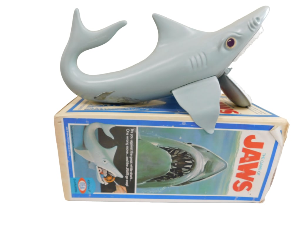 Vtg 1975 Ideal The Game of Jaws Box and Shark ONLY: Vintage 1975 Ideal The Game of Jaws Box and Shark ONLY All pictures are considered part of the description and should be examined carefully by bidders. Live Auctioneers is now offering Live Shipping