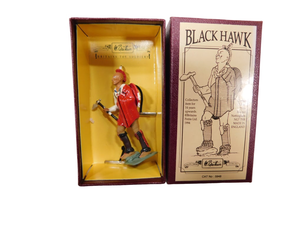 Britains Blackhawk No 5948 Toy Figure in Original Box: Britains Chief Blackhawk No 5948 Toy Figure or Soldier in Original Box All pictures are considered part of the description and should be examined carefully by bidders. Live Auctioneers is now off