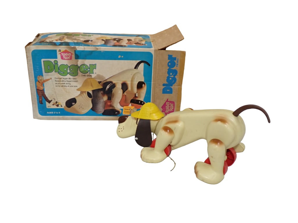 Vintage 1974 Digger the Dog by Hasbro Romper Room in Original Box: Vintage 1974 Digger the Dog by Hasbro Romper Room in Original Box All pictures are considered part of the description and should be examined carefully by bidders. Live Auctioneers is now offering Li