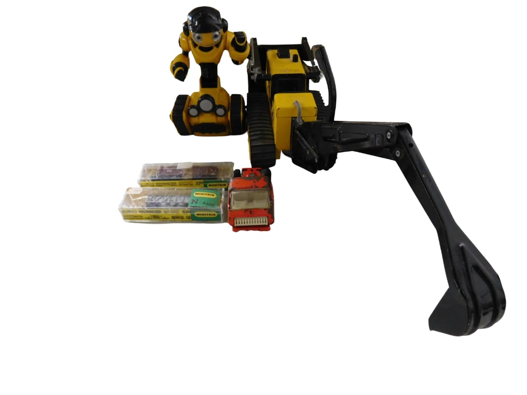 Toys incl 2 Minitrix N Scale Train Cars, Vintage Pressed Steel Truck, Tonka Backhoe, (1 of 4)