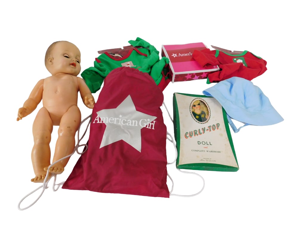 Doll and Accessories Lot incl American Girl Items, Curly Top Paper Doll, Plastic Baby Doll (1 of 10)