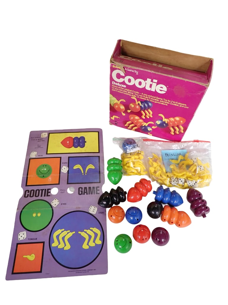 Vintage Cootie Deluxe Game for 2 to 6 Players: Vintage Cootie Deluxe Game for 2 to 6 Players Condition: missing 1 eye All pictures are considered part of the description and should be examined carefully by bidders. Live Auctioneers i