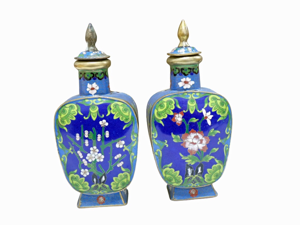 Pair of Vintage Cloisonne Bottles: Pair of Vintage Cloisonne Bottles 8" Tall x 3 3/4" x 1 3/4" All pictures are considered part of the description and should be examined carefully by bidders. Live Auctioneers is now offer