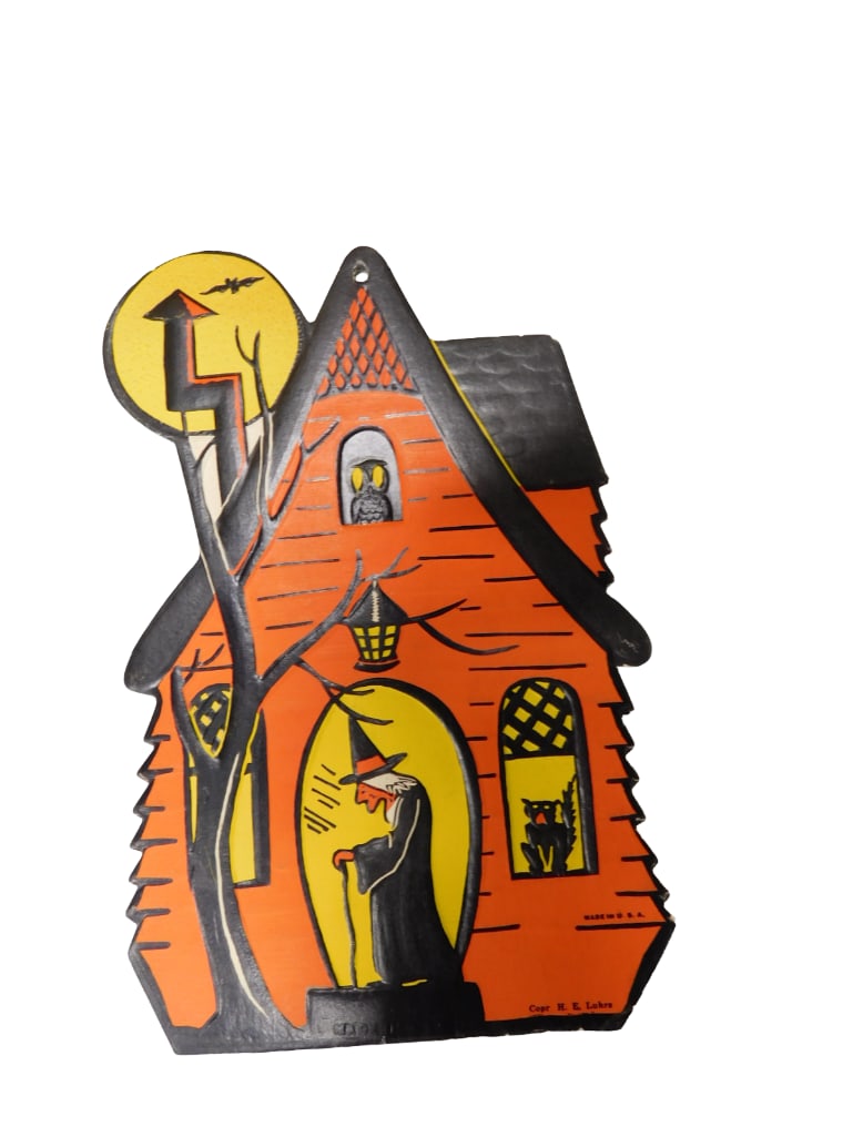 Vintage HE Luhrs Witch in House Single Sided, Embossed Die Cut (1 of 2)