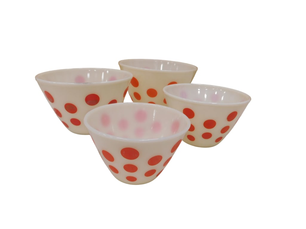 Vintage 4 Piece Fire King Red Dot Spash Bowls (6 1/2", 7 1/2", 8 1/2" and 9 1/2") Red Polka Dots (1 of 4)