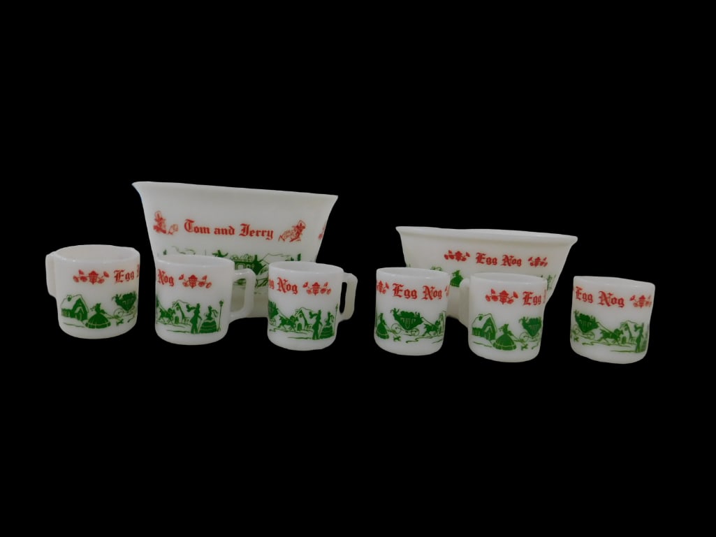 Vintage Hazel Atlas Tom and Jerry 2 Punch Bowls (larger bowl has chips) and 6 Mugs: Vintage Hazel Atlas Tom and Jerry 2 Punch Bowls (larger bowl has chips) and 6 Mugs. All pictures are considered part of the description and should be examined carefully by bidders. Live Auctioneers