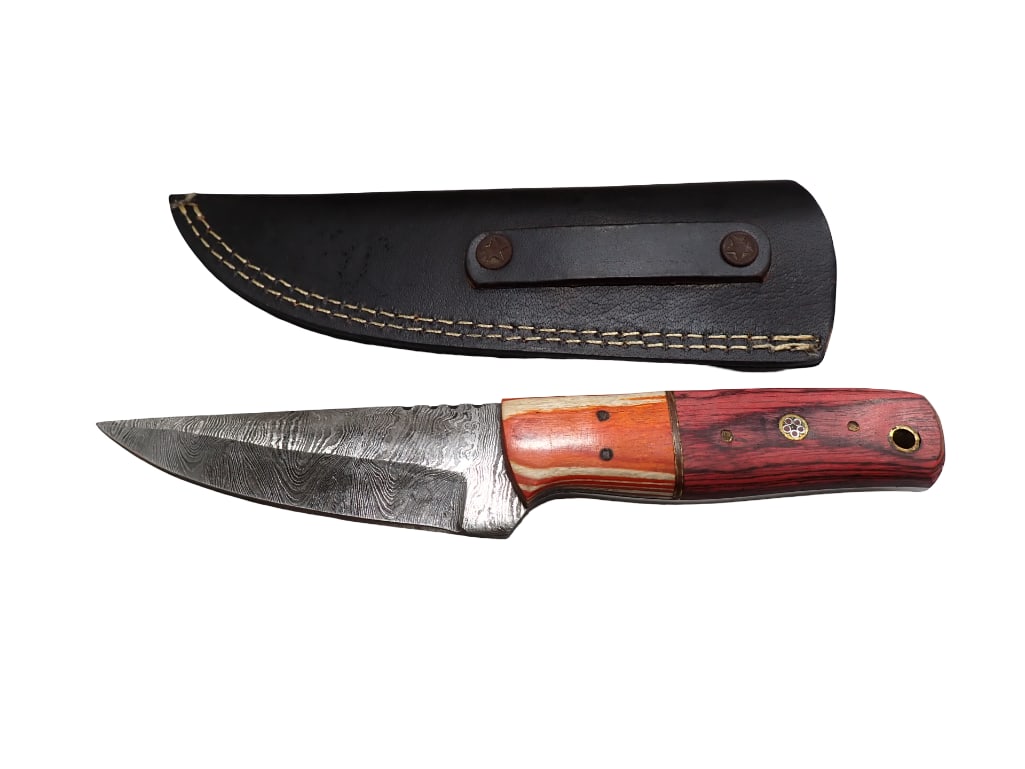 Hunting Knife with Leather Sheath and Wood Handle: Hunting Knife with Leather Sheath and Wood Handle All pictures are considered part of the description and should be examined carefully by bidders. Live Auctioneers is now offering Live Shipping throug