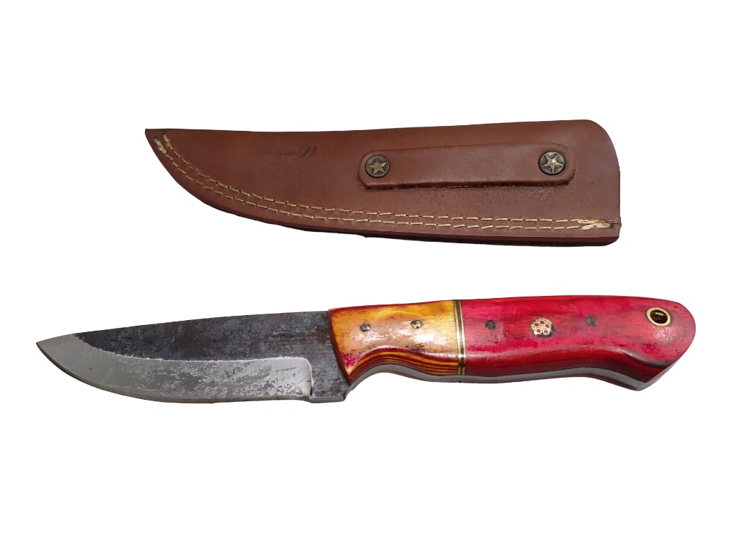 Hunting Knife with Leather Sheath and Wood Handle: Hunting Knife with Leather Sheath and Wood Handle All pictures are considered part of the description and should be examined carefully by bidders. Live Auctioneers is now offering Live Shipping throug