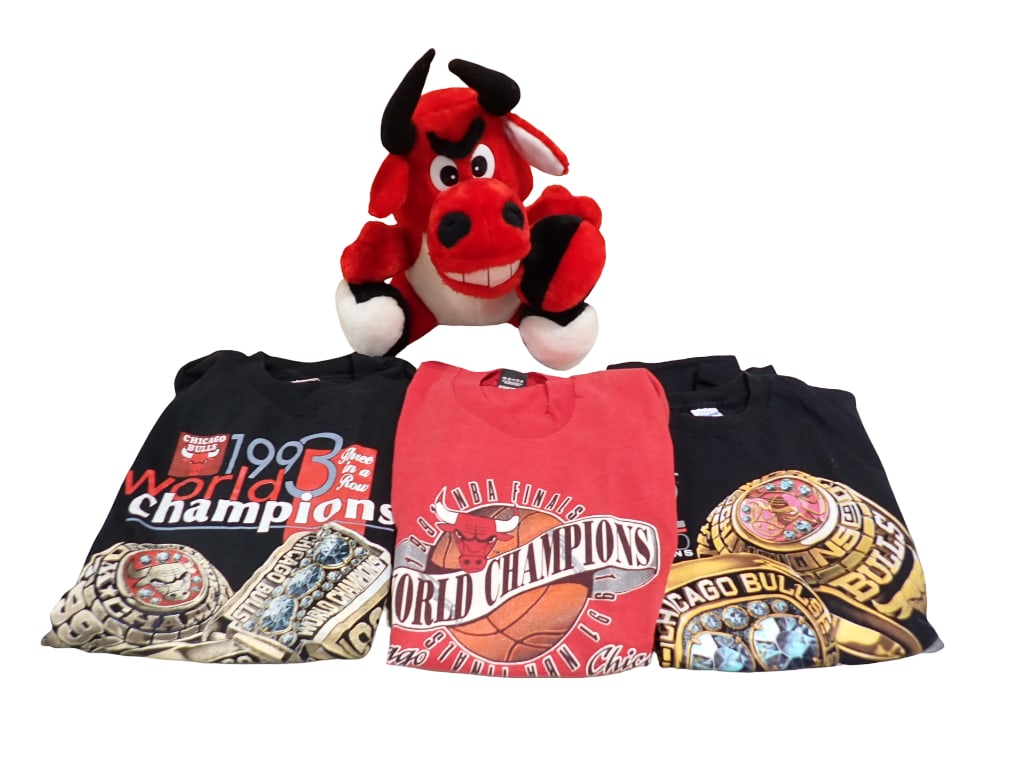 3 Chicago Bulls 1993 World Champions T Shirts and a Benny the Bull Plush: 3 Chicago Bulls 1993 World Champions T Shirts and a Benny the Bull Plush All pictures are considered part of the description and should be examined carefully by bidders. Live Auctioneers is now offeri