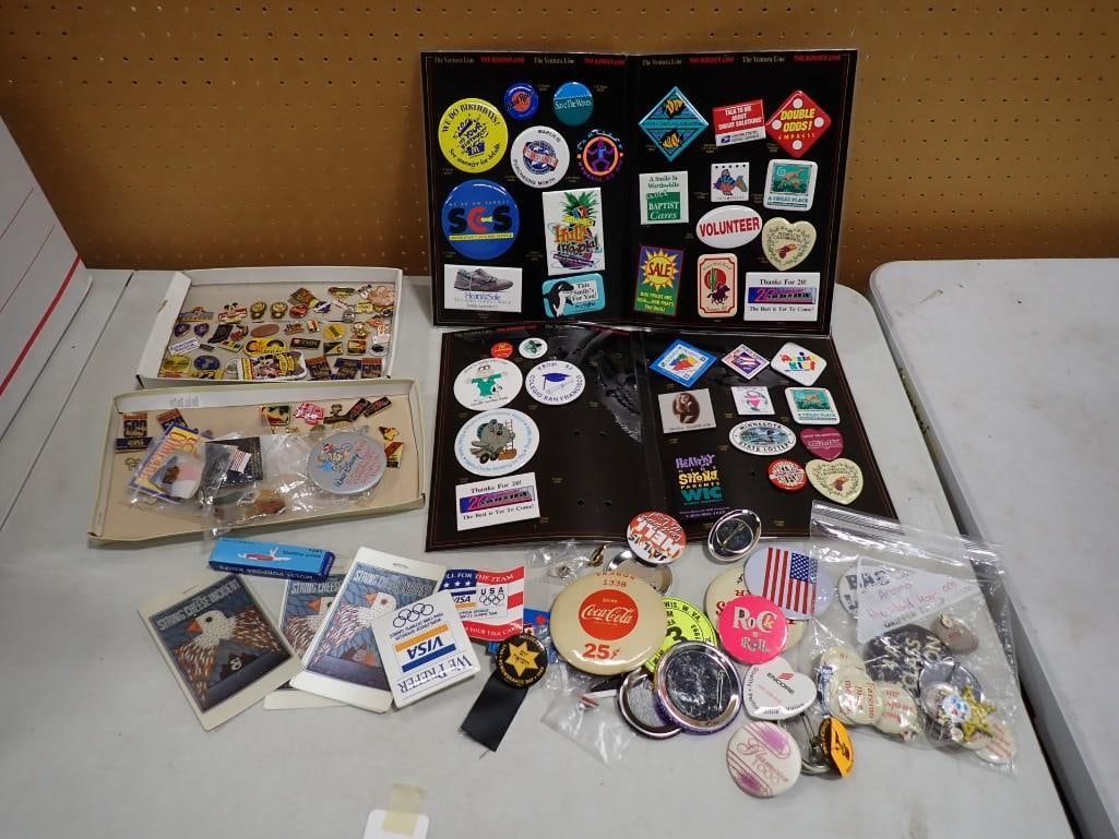 Lot of Buttons, Pins, Smalls, Enamel Pins, etc incl Coca Cola, Hula Hoopla, Hard Rock,: Lot of Buttons, Pins, Smalls, Enamel Pins, etc incl Coca Cola, Hula Hoopla, Hard Rock, etc All pictures are considered part of the description and should be examined carefully by bidders. Live Auction