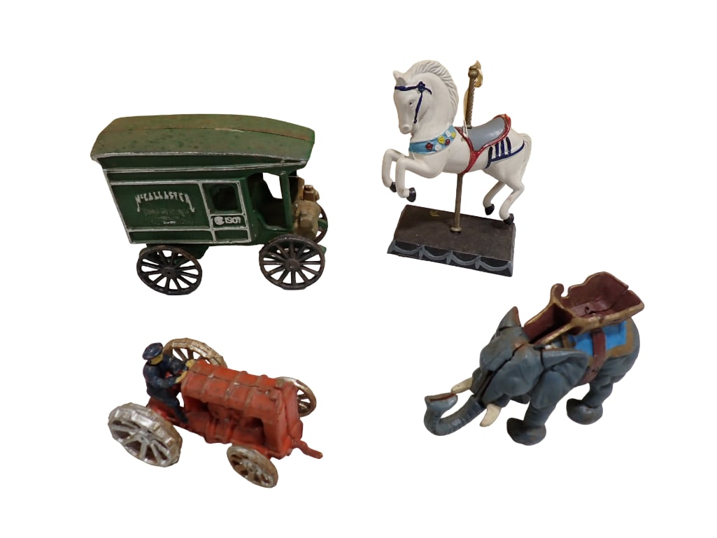 Lot of Cast Iron Toys incl Carousel Horse Figure, Elephant, Tractor, McAllaster Delivery Truck (1 of 12)