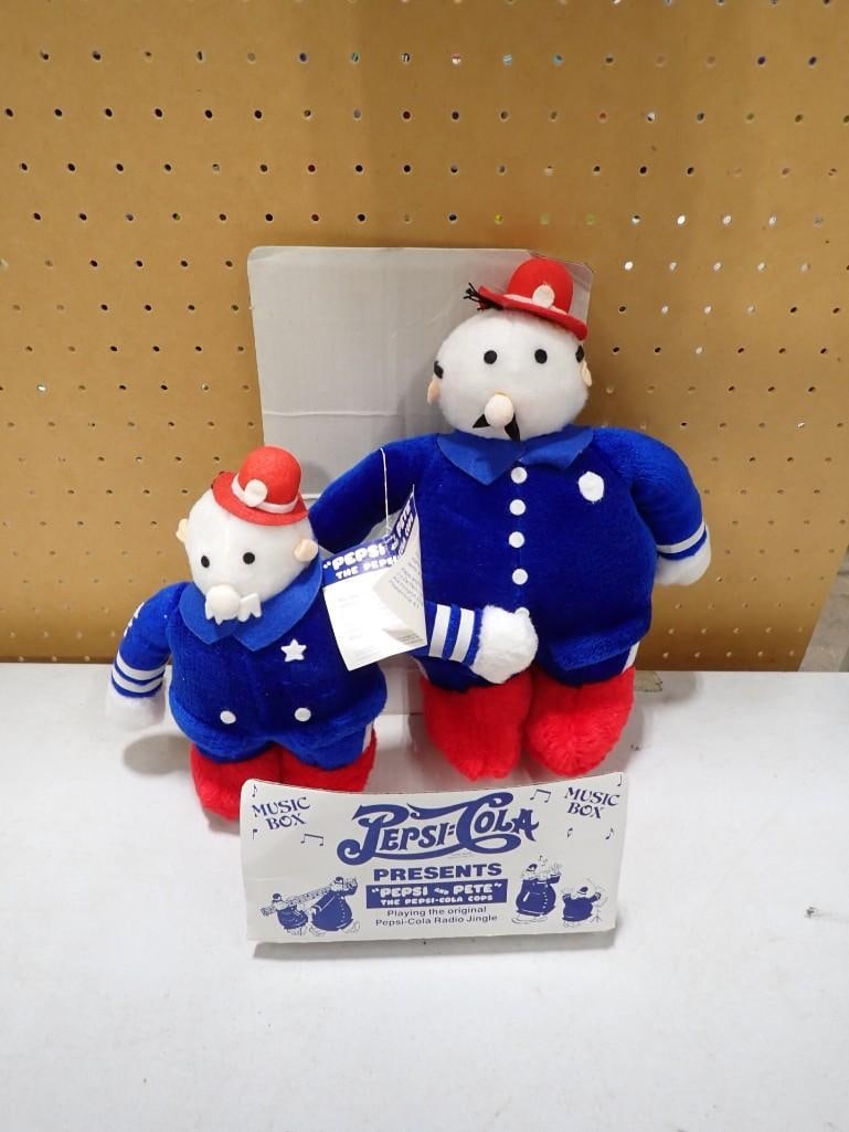 Vtg 1982 Pepsi and Pete The Pepsi-Cola Cops Plush Music Box Toys in Original Package: Vintage 1982 Pepsi Cola Presents Pepsi and Pete The Pepsi-Cola Cops Plush Music Box Toys in Original Package All pictures are considered part of the description and should be examined carefully