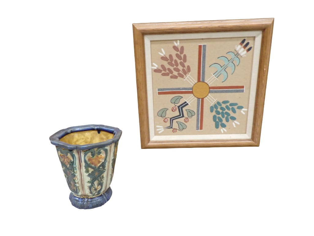 Navajo Sand Painting in the Style of Begay and a Decorative Planter or Vase: Navajo Sand Painting in the Style of Begay and a Decorative Planter or Vase All pictures are considered part of the description and should be examined carefully by bidders. Live Auctioneers is now o