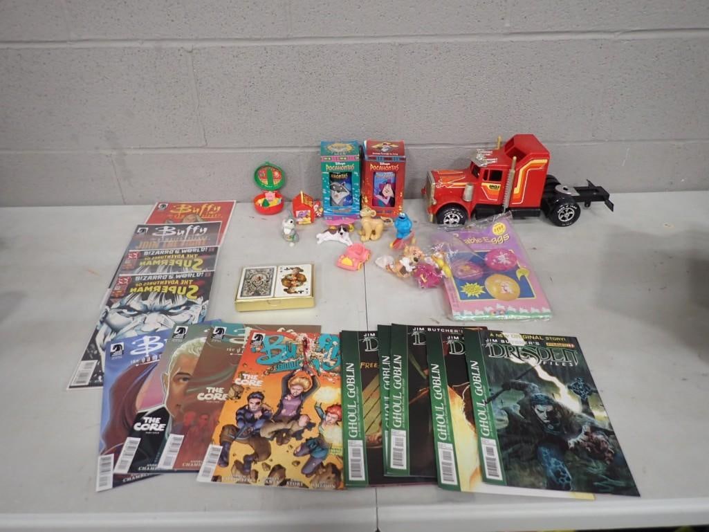 Toy and Comic Book Lot including Buffy, Bizzaro World, Walt Disney, Barbie Eggs, Vintage Cards, Figu: Toy and Comic Book Lot including Buffy, Bizzaro World, Walt Disney, Barbie Eggs, Vintage Cards, Figures, Buddy L Eagle Trucking Semi Truck All pictures are considered part of the description and shoul