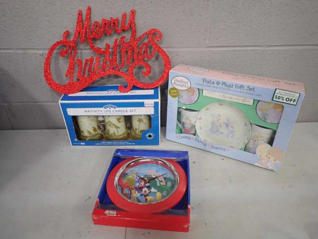 Misc. Lot including Walt Disney Mickey Mouse Clock, Precious Moments Plate and Mug Gift Set, (chippe (1 of 7)