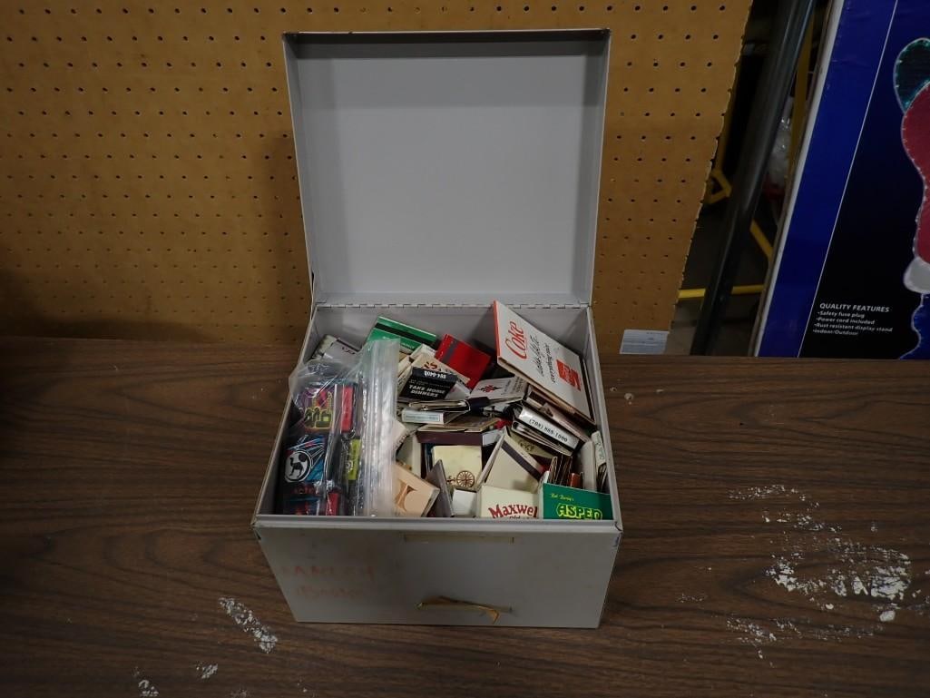 Vintage Matchbooks in a Metal Box: Vintage Matchbooks in a Metal Box. Many advertising matchbooks included. All pictures are considered part of the description and should be examined carefully by bidders. Live Auctioneers is now 