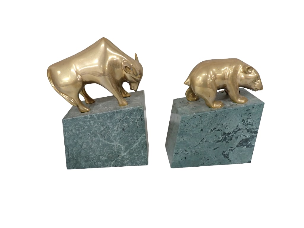Pair of Bull and Bear Wall Street Bookends Frye Louis Stock Market Brass Mounted on Green Marble (1 of 9)
