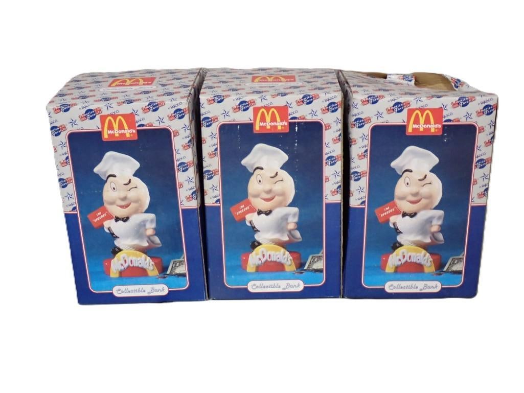 3 New in Box McDonald's I'm Speedee Collectible Banks: 3 New in Box McDonald's I'm Speedee Collectible Banks All pictures are considered part of the description and should be examined carefully by bidders. Live Auctioneers is now offering Live Shi