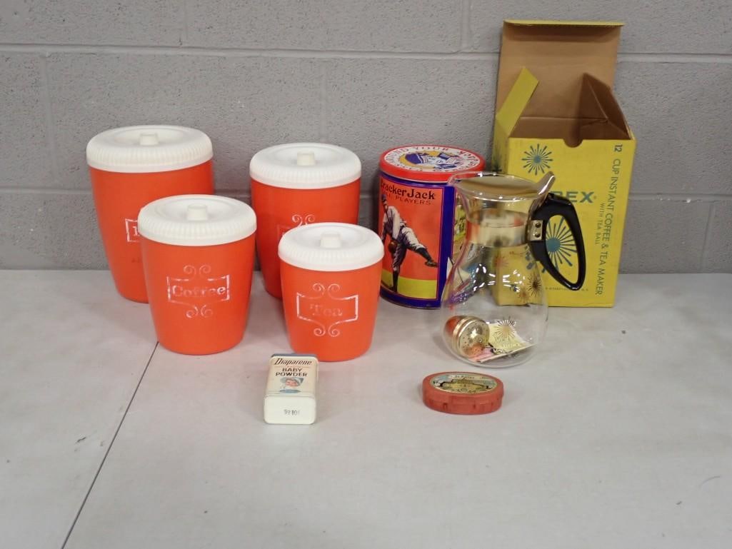 Vintage Lot including Kitchen Canisters, Pyrex Coffee Pot, Cracker Jack Tin, Old Baby Powder Tin, et (1 of 6)