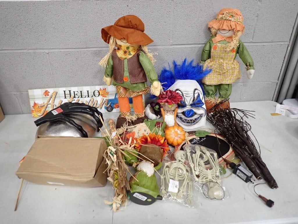 Halloween and Autumn Decor Lot incl Small Skeleton Decorations, Scary Clown Mask, Scarecrows, etc (1 of 9)