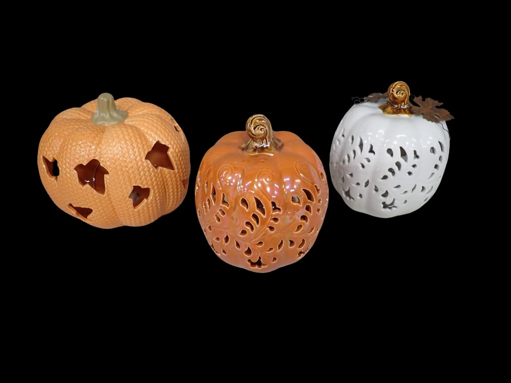 3 Ceramic Lighted Pumpkins Autumn or Halloween Decor (1 of 14)
