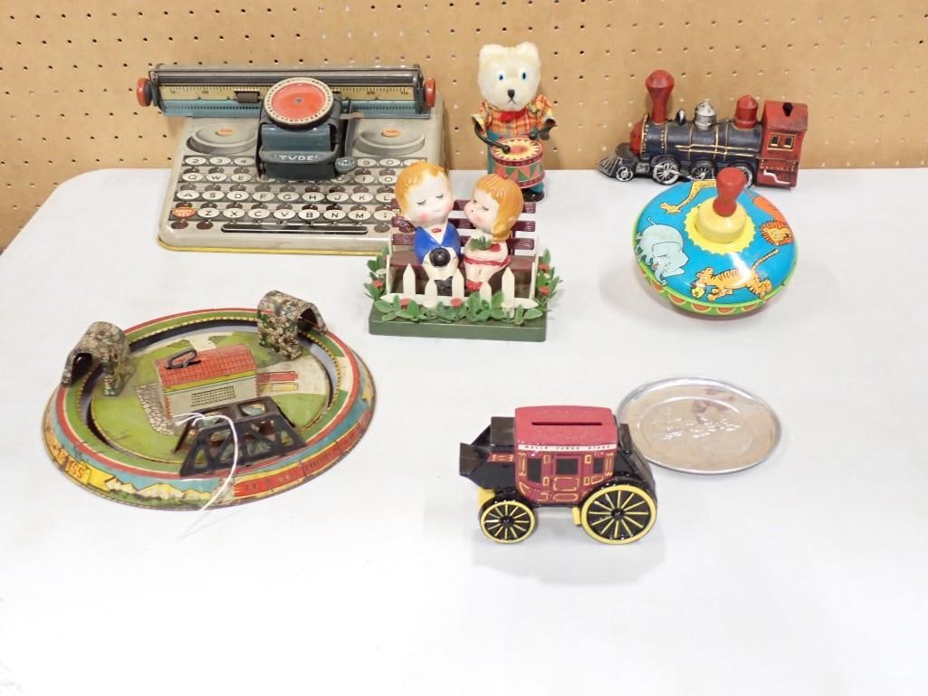 Vintage Toy Lot including Marx Honeymoon Express, Tin Litho Typewriter, Ohio Art Top, Cast Iron Trai (1 of 6)