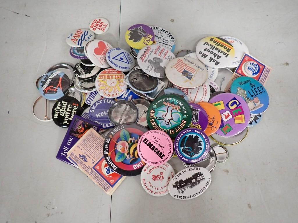 Lot of Assorted Buttons including Hot Pants Club, AARP, Local, Political, etc. (1 of 6)