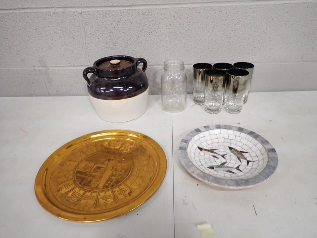 Bean Pot / Crock, Kerr Mason Jar, 5 Silver Fade Highball Glasses, Mosaic Fish Plate, etc (1 of 9)