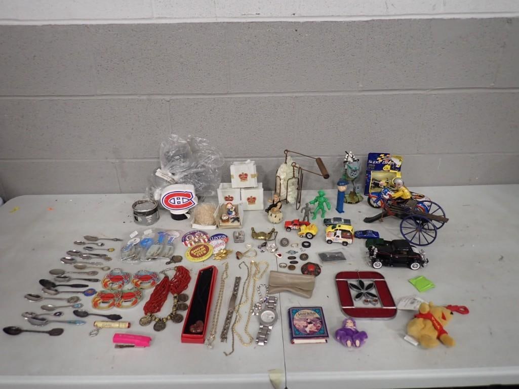 Large Smalls Lot including Collector Spoons, Costume Jewelry, Figures, Pins, Pez, Vintage, etc.: Large Smalls Lot including Collector Spoons, Costume Jewelry, Figures, Pins, Pez, Vintage, etc. All pictures are considered part of the description and should be examined carefully by bidders. Live Au