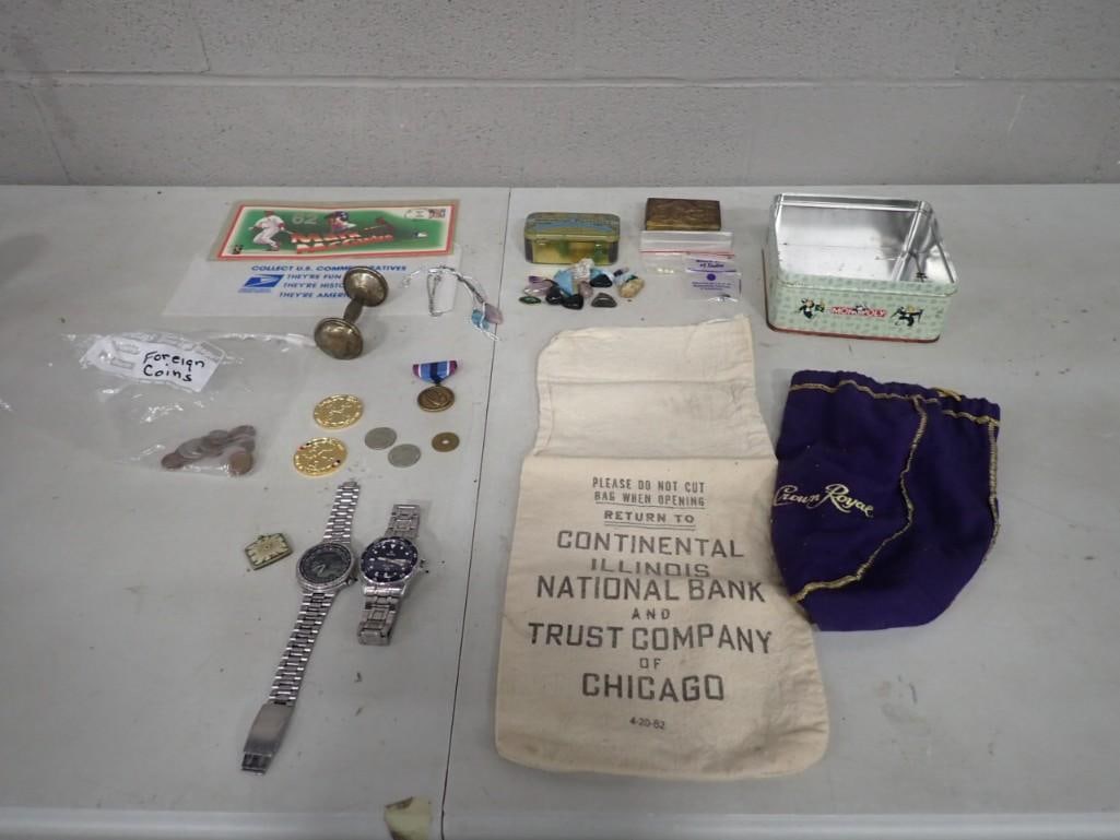 Smalls Lot including Watches, World Coins Antique Silver Plate Baby Rattle, First Day Issue Stamp, P (1 of 6)