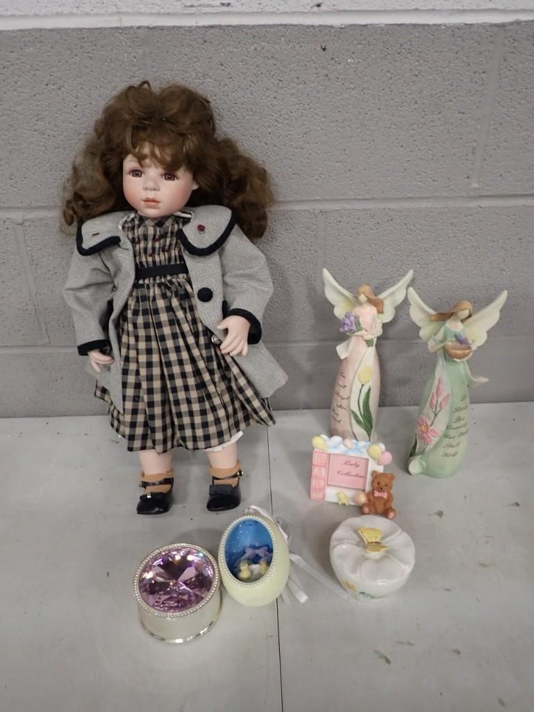 Porcelain Doll, Angel Figurines, Trinket Boxes including Belleek: Porcelain Doll, Angel Figurines, Trinket Boxes including Belleek All pictures are considered part of the description and should be examined carefully by bidders. Live Auctioneers is now offering Live 