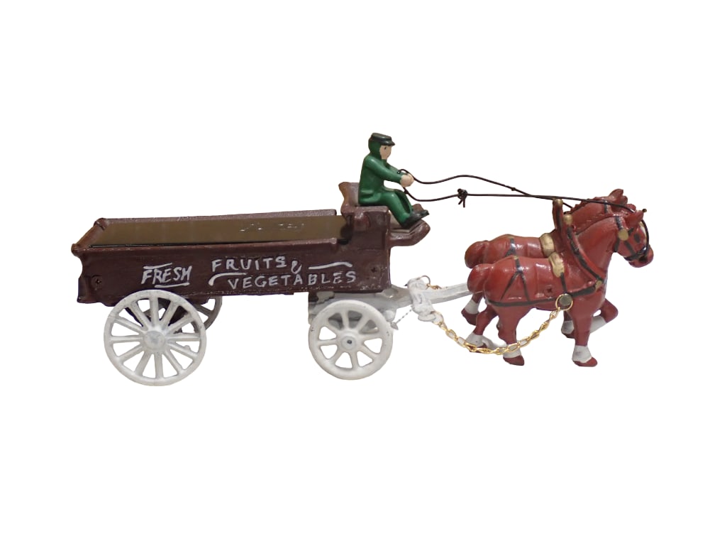 Cast Iron Fruits & Vegetables Horse Drawn Wagon with Driver: Cast Iron Fruits & Vegetables Horse Drawn Wagon with Driver All pictures are considered part of the description and should be examined carefully by bidders. Live Auctioneers is now offering Live